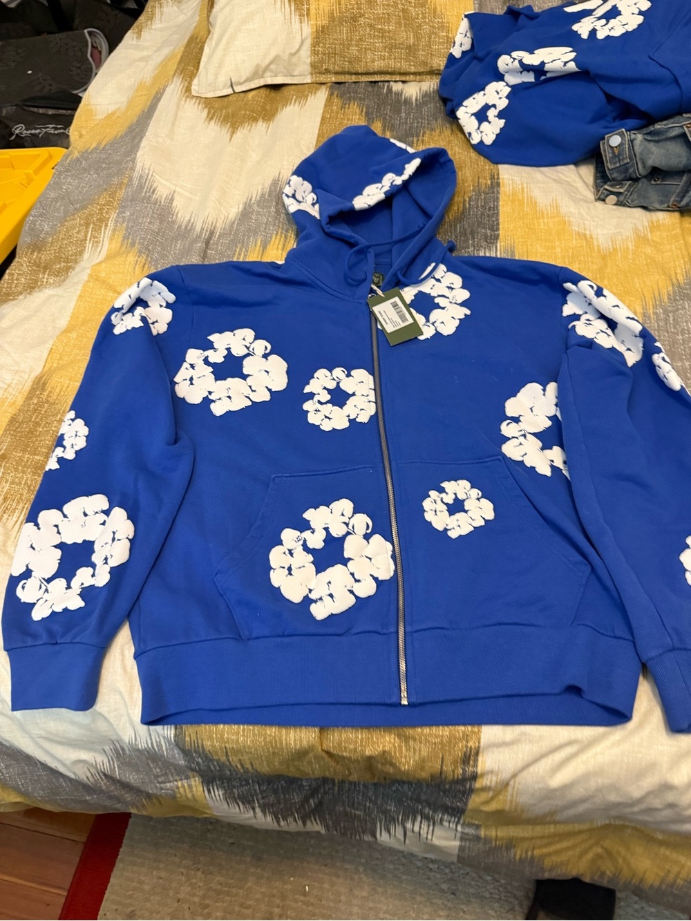 Denim Tears Cotton Wreath Men's Royal Blue Zip-Up Hoodie with White Floral Motif